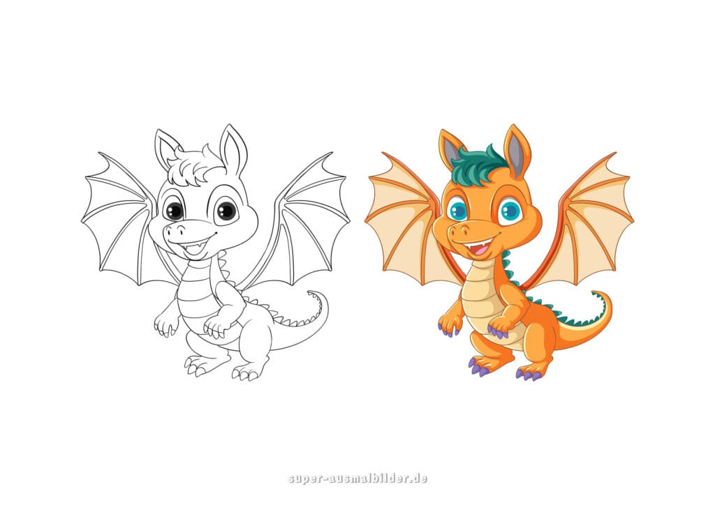 Drachen zum Ausmalen – Kleiner orangefarbener Drache mit Flügeln und Hörnern, kostenlose Malvorlage für Kinder (mit farbigem Beispiel)