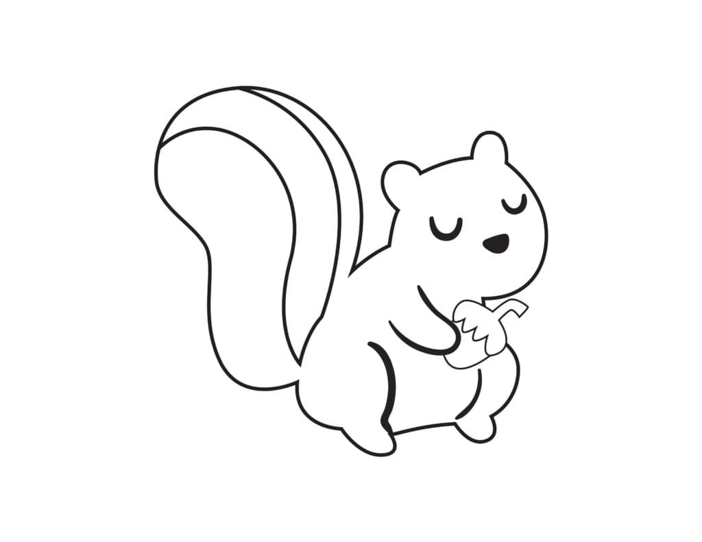 Eichhörnchen Ausmalbild Niedliches Eichhörnchen mit buschigem Schwanz, hält eine Eichel, gratis Malvorlage für Kinder zum Drucken