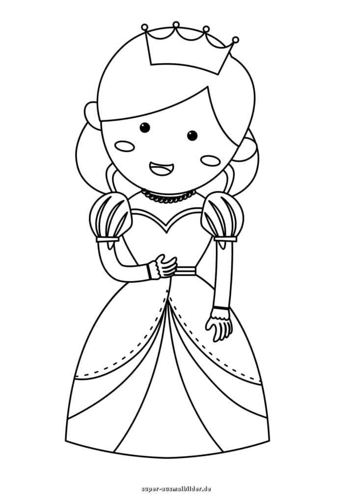 Einfache Prinzessin Ausmalbild – Süße Prinzessin im Kleid mit Krone, Malvorlage kostenlos zum Ausdrucken