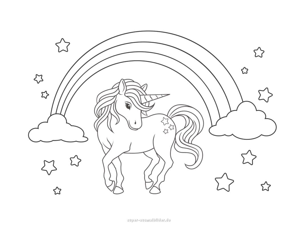 Einhorn Ausmalbild mit Regenbogen und Sternen Regenbogen Malvorlage zum Ausdrucken, kostenlos für Kinder