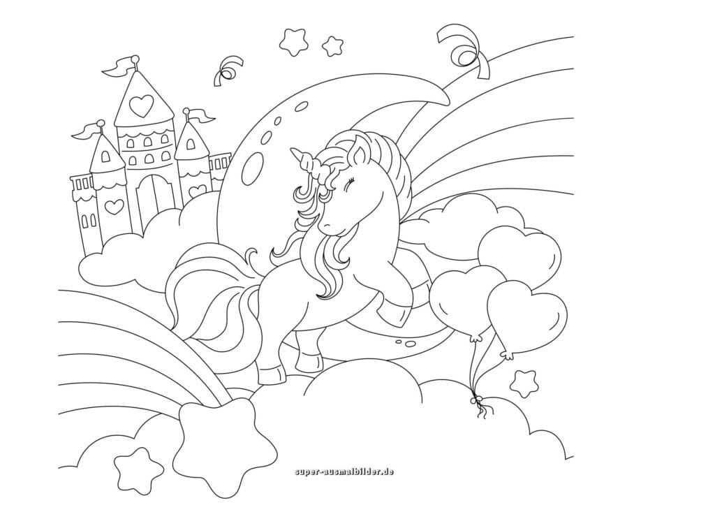 Einhorn Ausmalbild – Prinzessin Einhorn auf Wolken mit Regenbogen, Schloss und Ballons, kostenlose Malvorlage zum Ausmalen