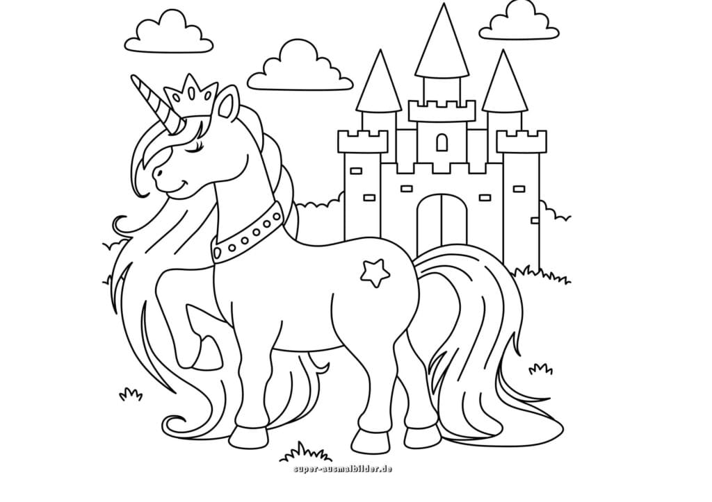 Einhorn Malvorlage – Ausmalbild Einhorn mit Krone und Schloss im Hintergrund, kostenlose Prinzessin Ausmalbilder zum Ausdrucken