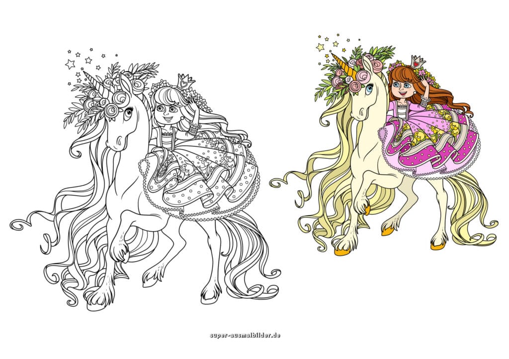 Einhorn Prinzessin Ausmalbild – Prinzessin im Ballkleid mit Krone reitet Einhorn mit Blumenkranz, Malvorlage für Kinder (mit farbigem Beispiel)