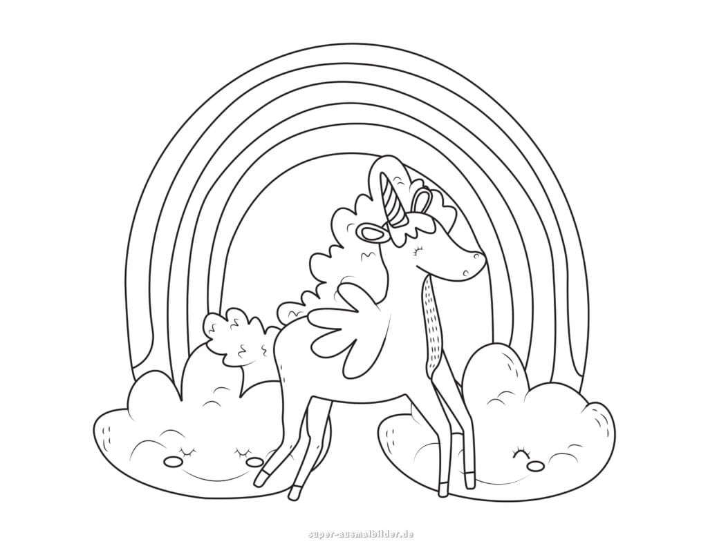 Einhorn mit Flügeln unter Regenbogen Ausmalbild Regenbogen und Wolken, Malvorlage zum Drucken für Kinder
