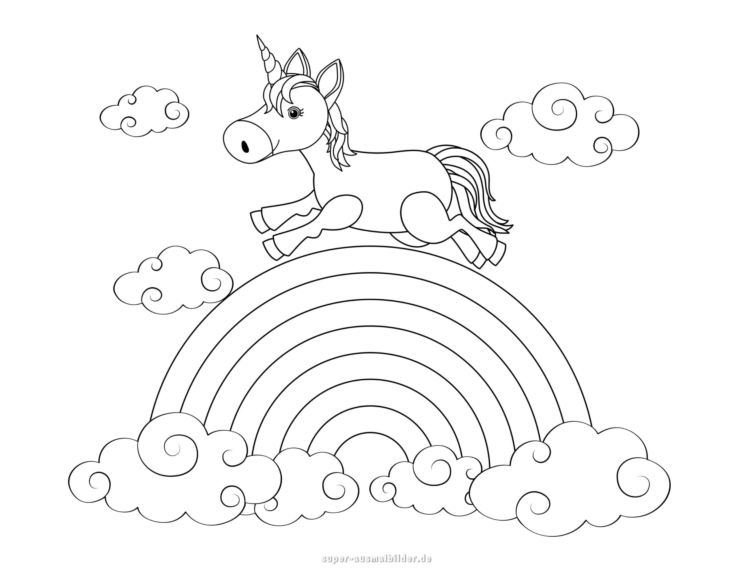 Einhorn springt über Regenbogen Fantasie Ausmalbild mit Wolken, kostenlose Malvorlage zum Drucken