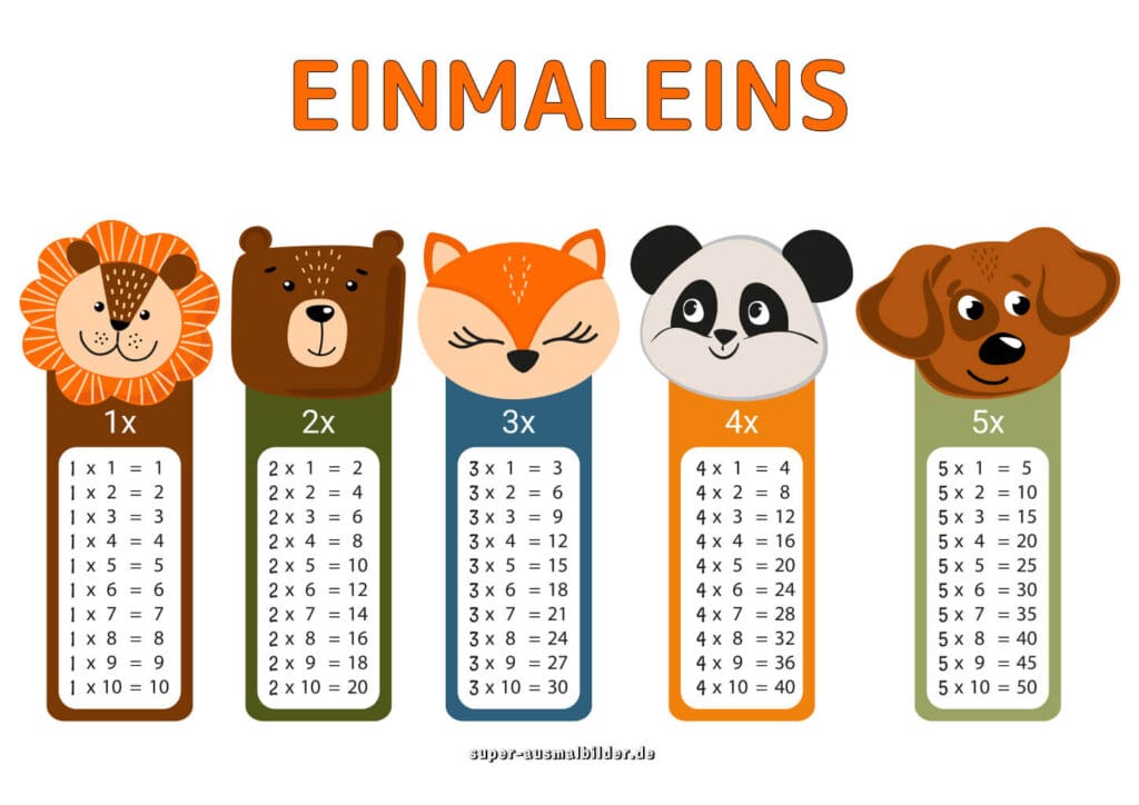 Einmaleins bis mit Tiermotiven (Löwe, Bär, Fuchs, Panda, Hund), Multiplikation für Kinder, kostenlos zum Drucken
