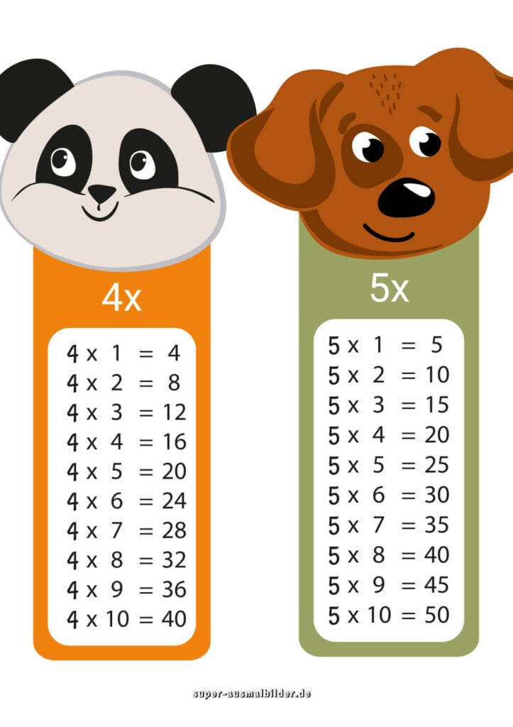 Einmaleins Multiplikationstabelle er Reihe mit Fuchs, Lernvorlage für Kinder, gratis zum Ausdrucken