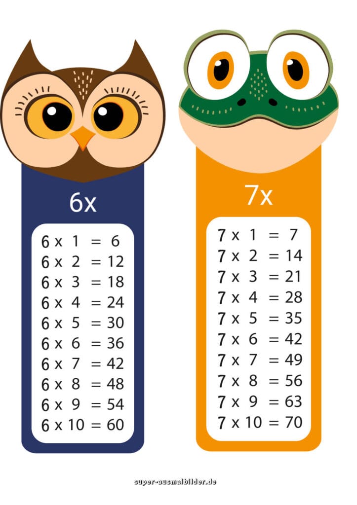 Einmaleins Multiplikationstabelle er und er Reihe – Eule und Frosch Illustration, Lernposter für Kinder kostenlos zum Ausdrucken