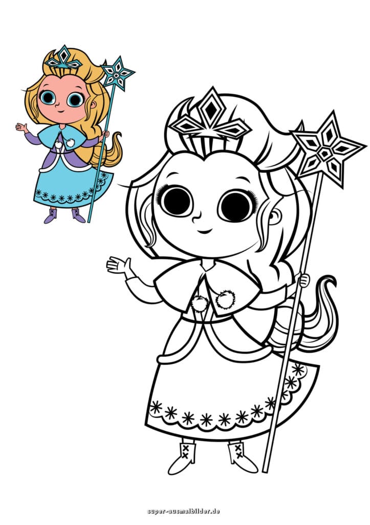Eiskönigin Ausmalbild – Prinzessin mit Krone, Zauberstab und Umhang, inspiriert von Eiskönigin, Malvorlage (mit farbigem Beispiel)