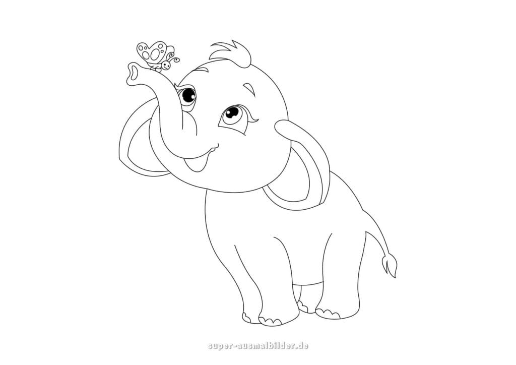 Elefant Ausmalbild Baby Elefant mit Schmetterling auf dem Rüssel, Malvorlage für Kinder zum Drucken