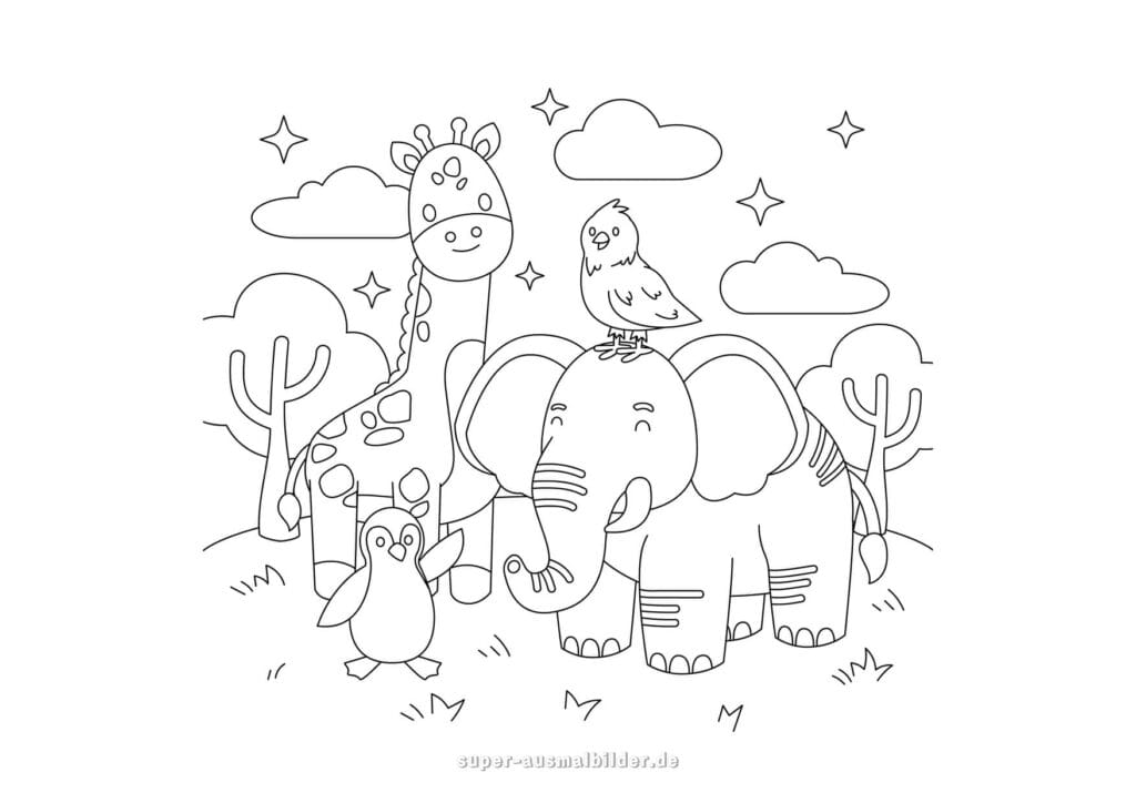 Elefant Ausmalbild Elefant, Giraffe, Pinguin und Vogel zusammen, kostenlose Malvorlage für Kinder