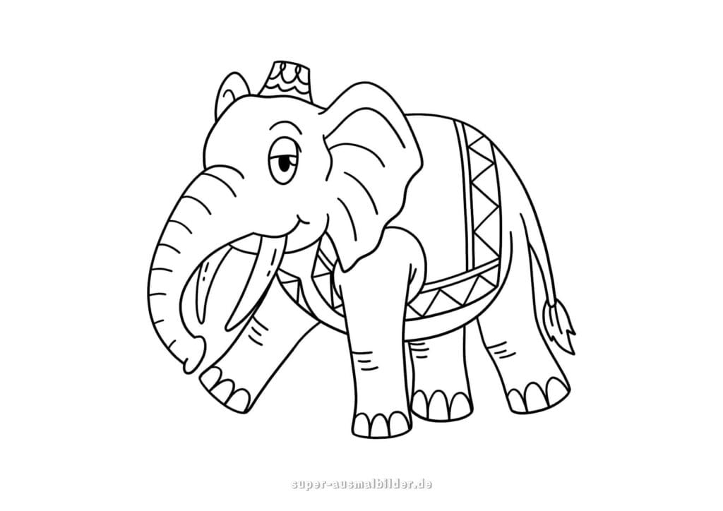 Elefant Ausmalbild indischer Elefant mit Hut und Schmuck, kostenlose Malvorlage zum Drucken