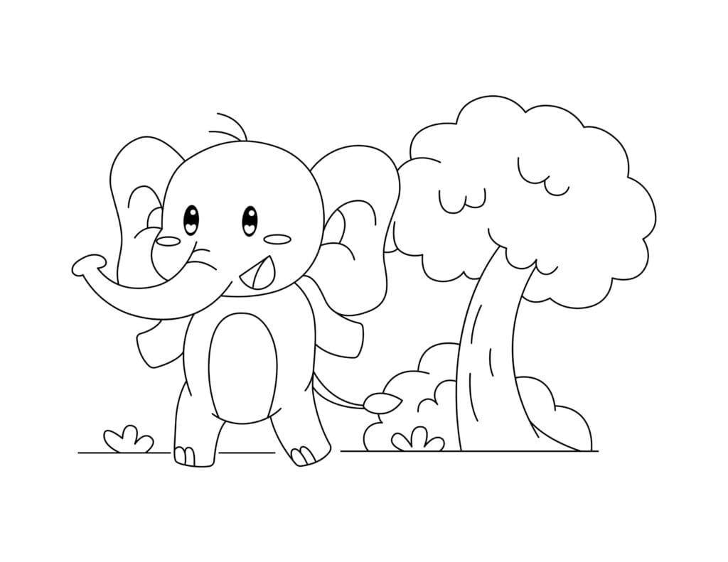 Elefant Ausmalbild süßer Elefant neben einem Baum, Malvorlage für Kinder kostenlos zum Drucken