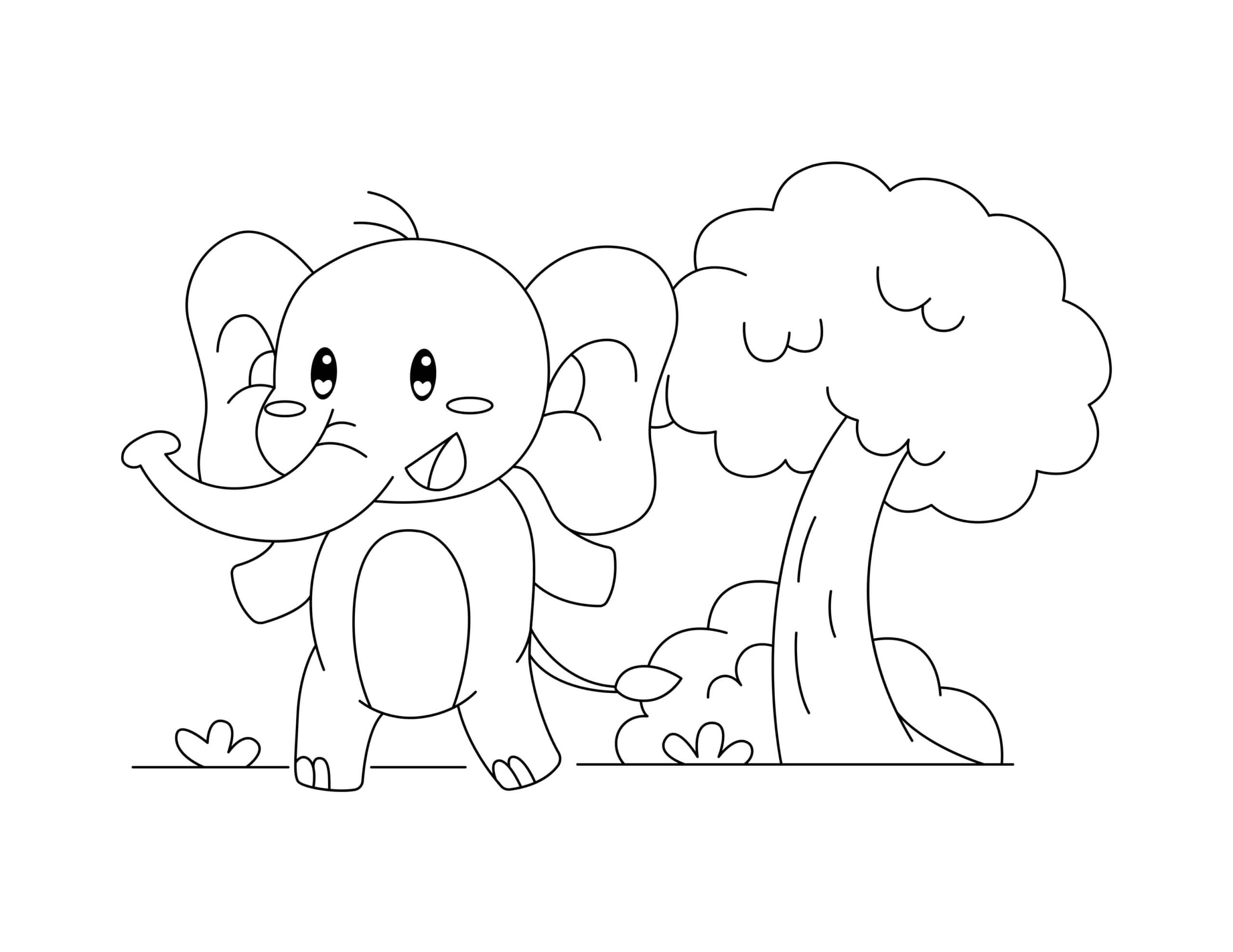 Elefant Ausmalbild süßer Elefant neben einem Baum, Malvorlage für Kinder kostenlos zum Drucken