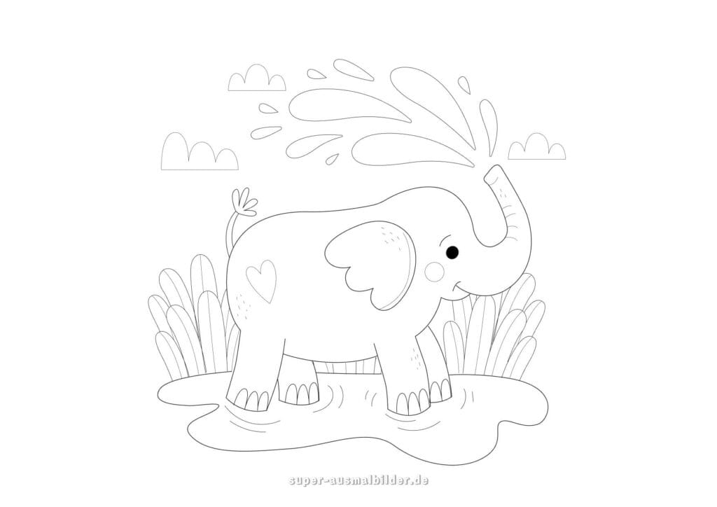 Elefant Ausmalbild – Süßer Elefant spritzt Wasser aus dem Rüssel, Vorlage zum Drucken und Ausmalen kostenlos für Kinder