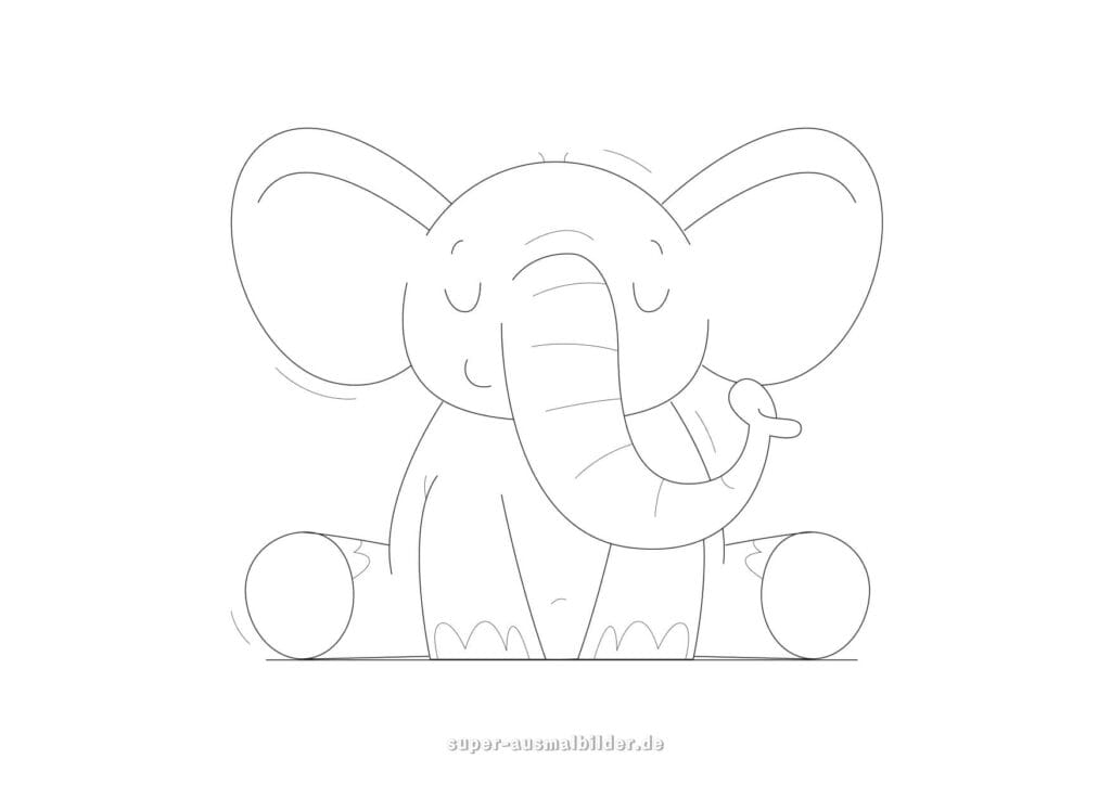 Elefant Ausmalbild – Süßer kleiner Elefant mit Blumenkranz und freundlichem Gesicht, Comic Malvorlage für Kinder