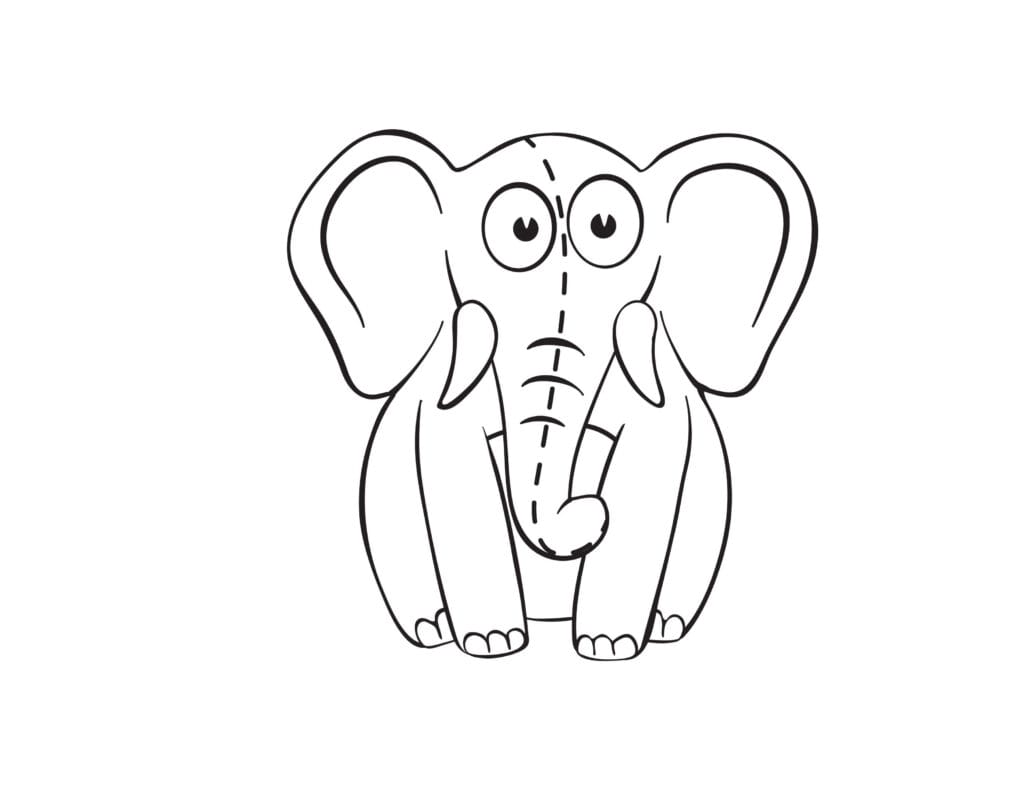 Elefant Ausmalbilder Lustiger kleiner Elefant mit großen Ohren, sitzend und mit kleinem Rüssel, Malvorlage kostenlos zum Drucken
