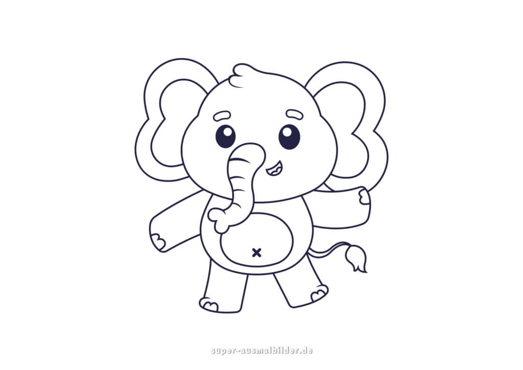 Elefant Comic Zeichnen – Niedlicher Cartoon Elefant mit großen Augen, Malvorlage zum Drucken und Ausmalen für Kinder