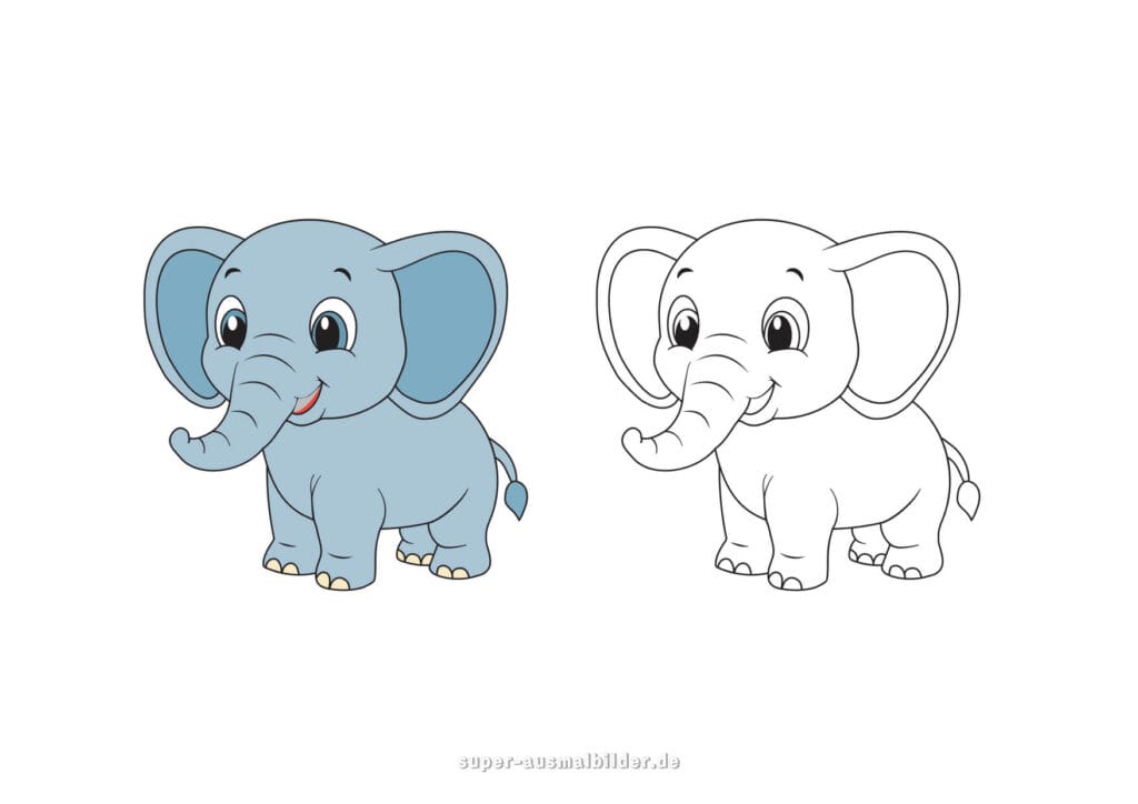 Elefant Malvorlage kleiner Cartoon Elefant in Blau und Schwarzweiß, kostenlose Ausmalbilder