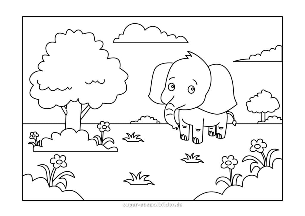 Elefant Malvorlage kleiner Elefant in Landschaft mit Blumen und Bäumen, Ausmalbild für Kinder