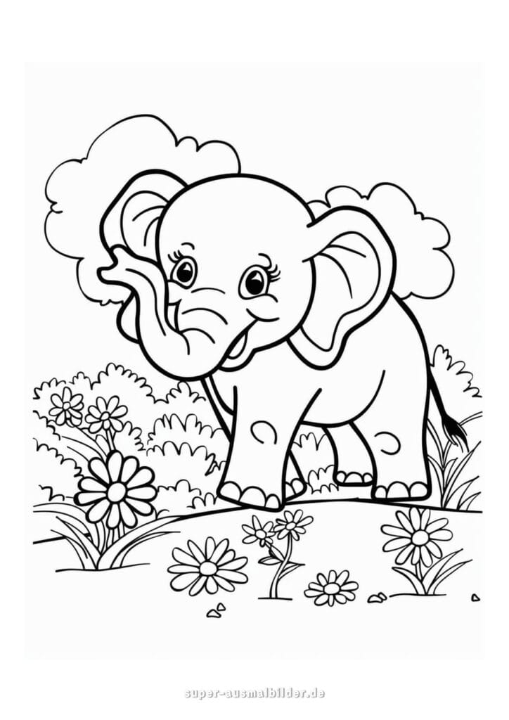 Elefant Malvorlage lächelnder Elefant zwischen Blumen, Ausmalbild zum Ausmalen für Kinder