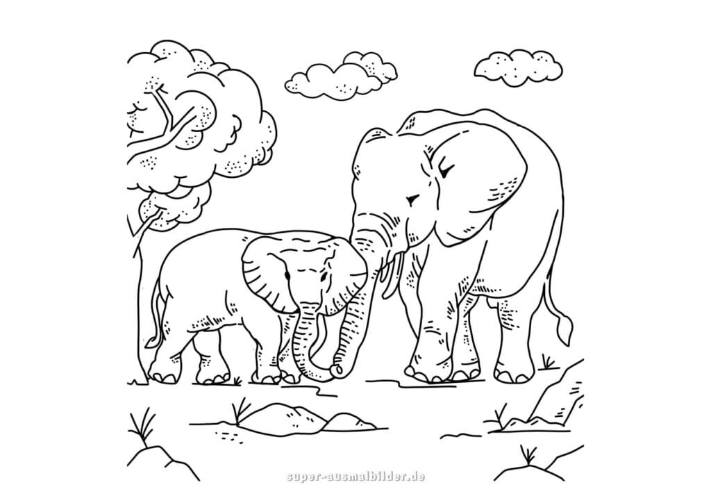 Elefant Malvorlage – Zwei Elefanten, Mutter und Baby im Dschungel, Elefanten Zeichnungen zum Ausmalen kostenlos für Kinder