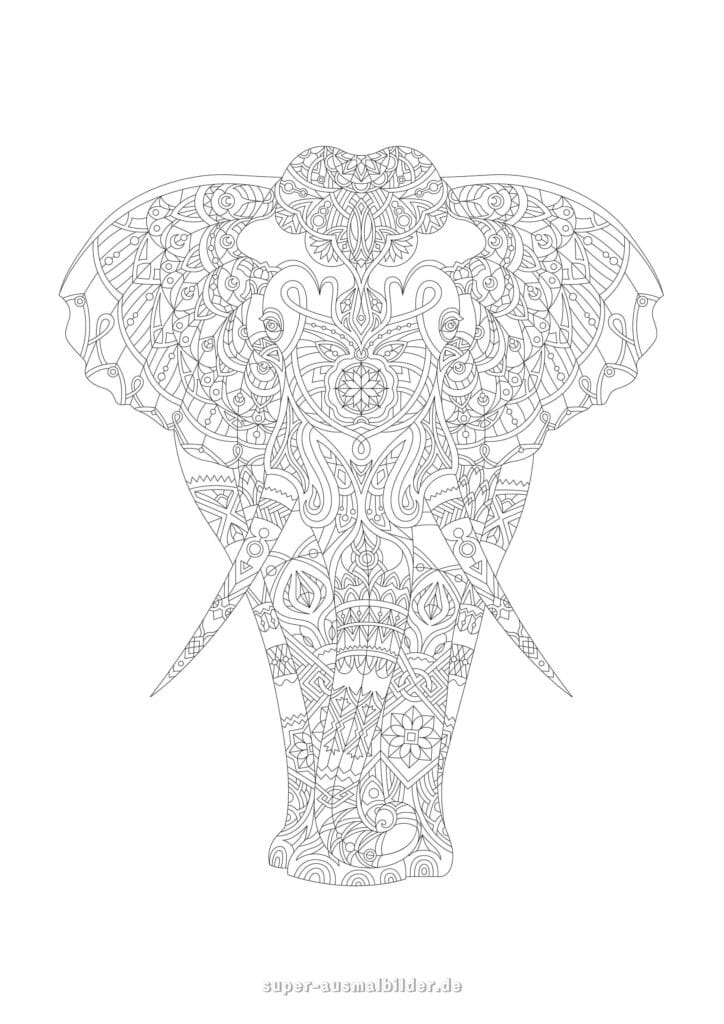 Elefant Mandala Ausmalbild – detailreiches Tier Mandala Elefant mit großen Ohren und Ornamenten, Mandala zum Ausmalen Erwachsene, Elefant Mandala Ausmalbilder kostenlos zum Ausdrucken