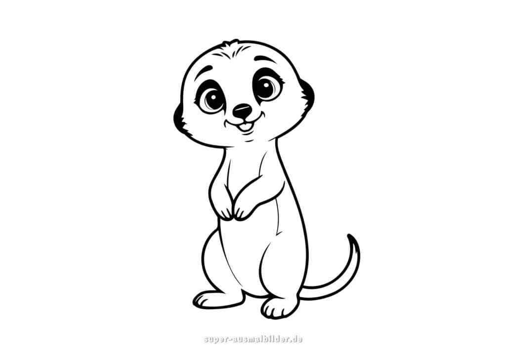 Erdmännchen Ausmalbild – Niedliches stehendes Erdmännchen im Cartoon Stil mit freundlichem Gesichtsausdruck, Malvorlage kostenlos zum Ausmalen und Drucken