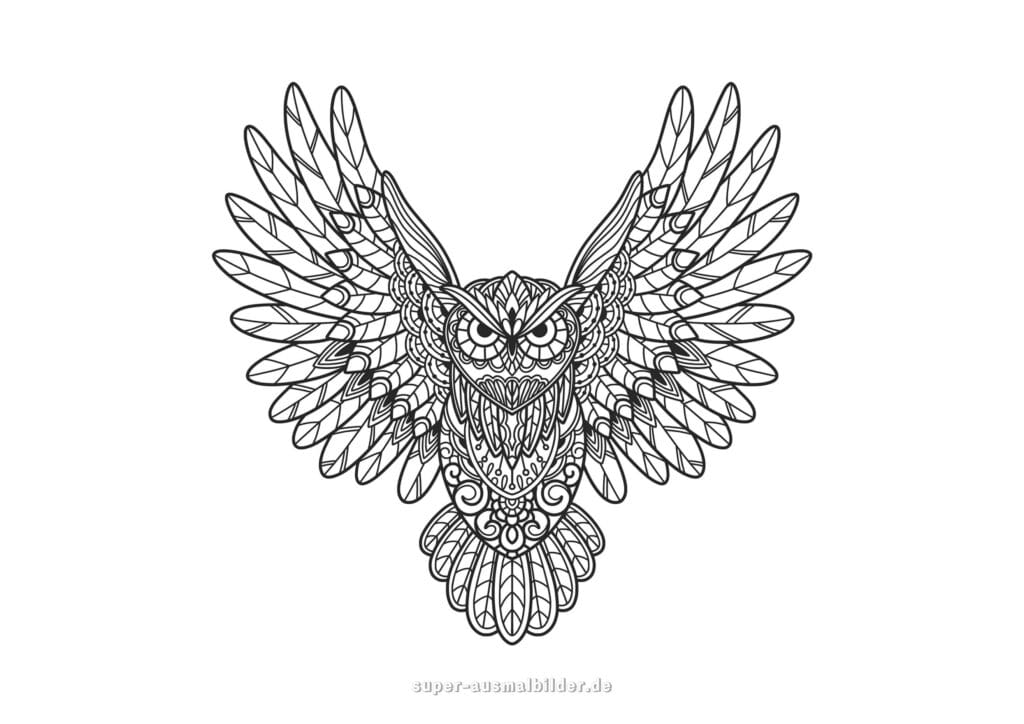 Eule Mandala Ausmalbild Fliegende Eule mit ausgebreiteten Flügeln, detaillierte Malvorlage für Erwachsene