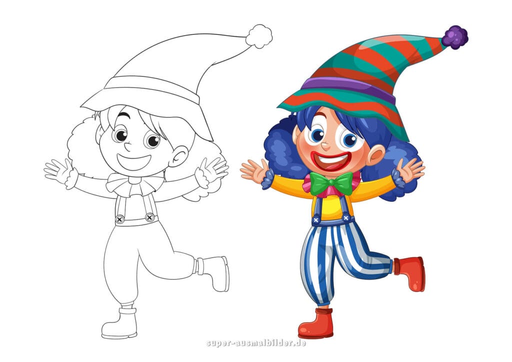 Fasching Ausmalbild Fröhliches Clown Mädchen mit großem Hut, buntem Kostüm und Locken, Karneval Malvorlage kostenlos zum Drucken für Kinder
