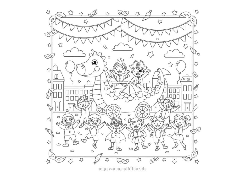 Fasching Ausmalbild Karnevalswagen in Form eines Drachen mit Prinzessin und Pirat, Kinder tanzen beim Umzug, kostenlose Malvorlage zum Ausmalen und Drucken