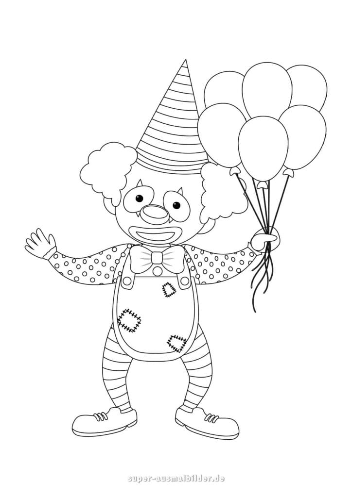Fasching Clown Ausmalbild Lustiger Clown mit Ballons, Karneval Malvorlage zum Ausdrucken für Kinder kostenlos