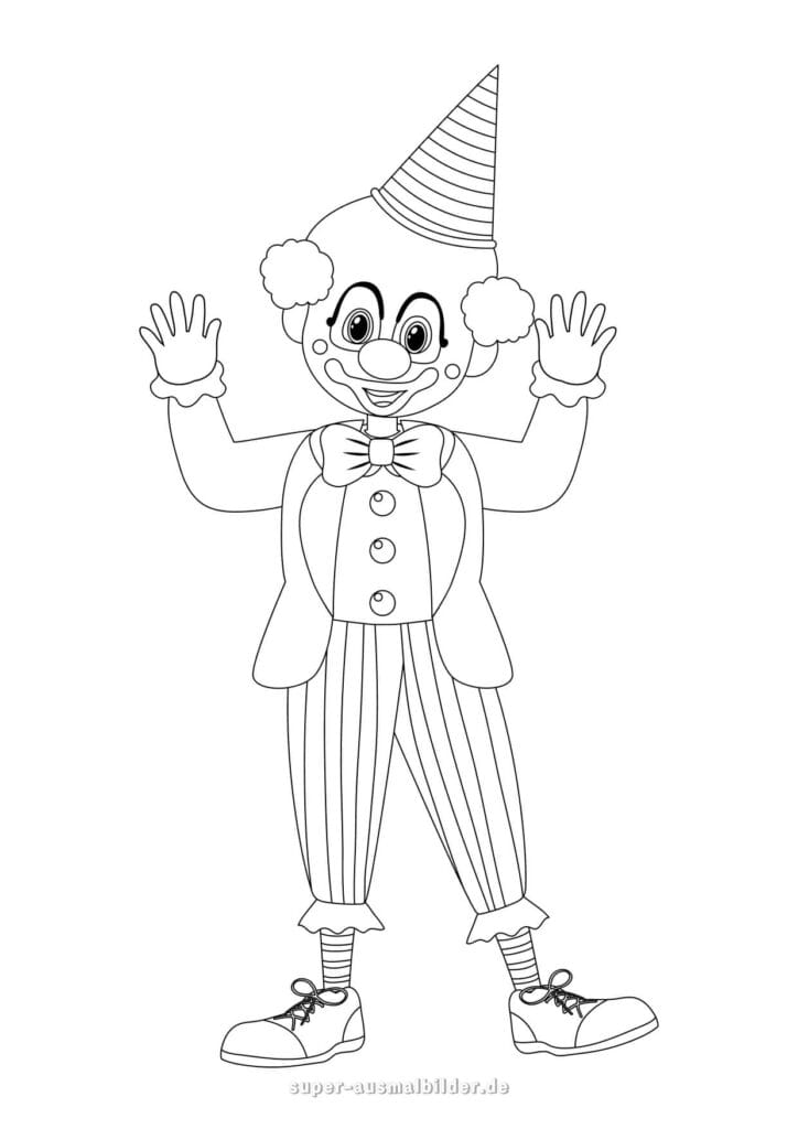 Fasching Clown Ausmalbild Lustiger Clown mit spitzer Mütze und gestreifter Hose, kostenlose Malvorlage zum Drucken