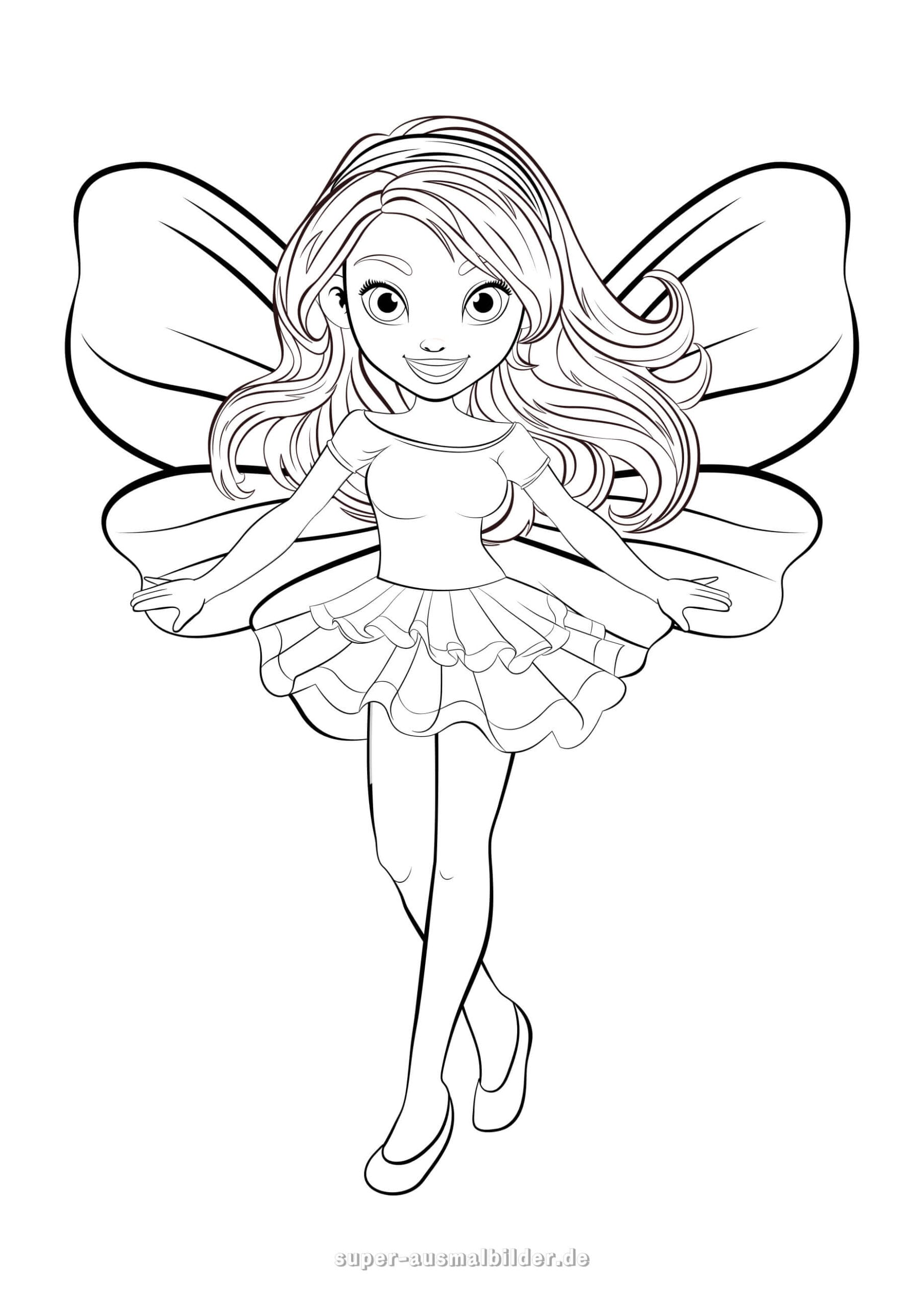 Fee Malvorlage – Zarte Fee mit großen Flügeln zwischen Blumen, Ausmalbilder zum Drucken für Kinder und Erwachsene