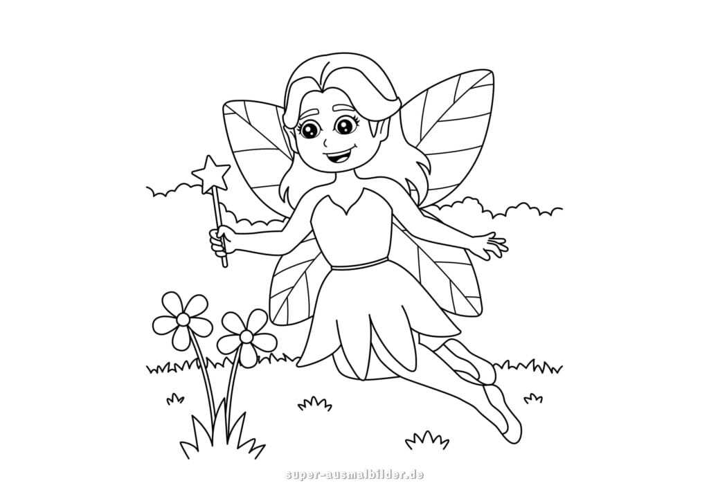 Feen Ausmalbild – Kleine Fee mit Zauberstab und Halloween Eimer, kostenlose Bilder zum Ausmalen für Kinder