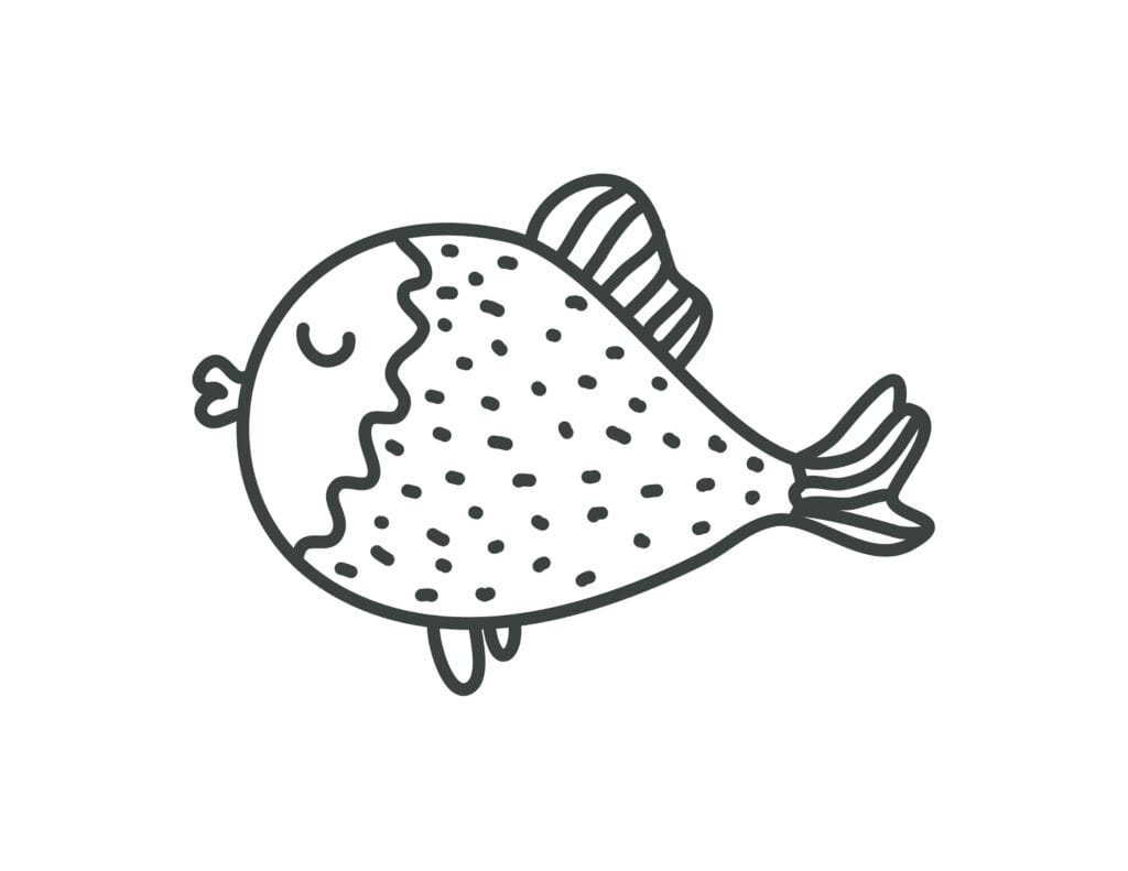 Fisch Ausmalbild süßer kleiner Fisch mit Flossen und Punkten, Malvorlage kostenlos für Kinder zum Drucken und Ausmalen