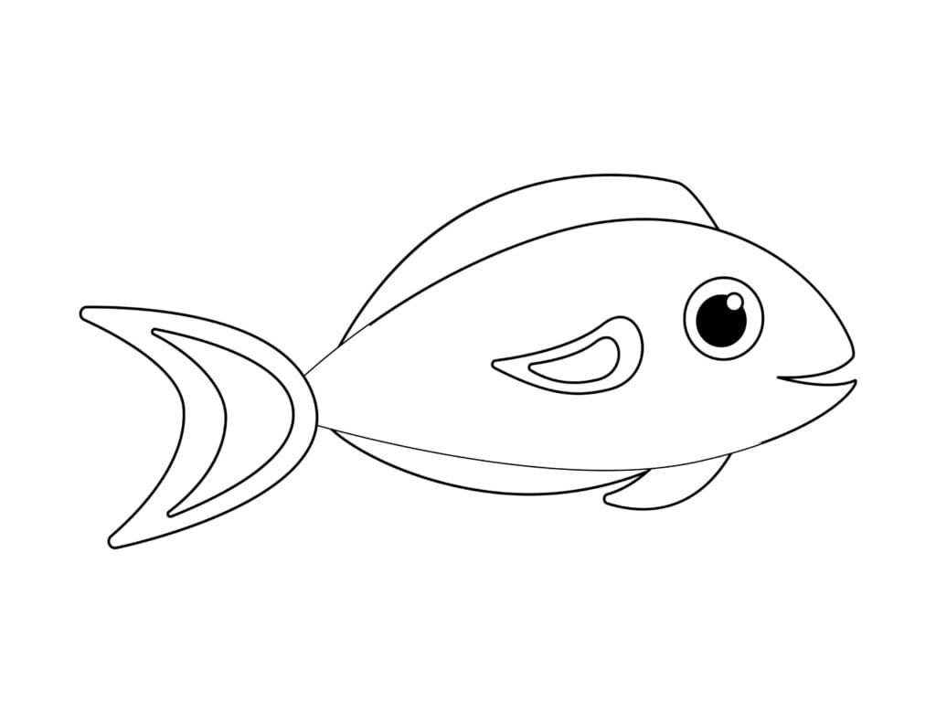 Fisch Ausmalbild – Einfacher großer Fisch mit Flosse und großen Augen, Malvorlage für Kinder kostenlos zum Ausdrucken