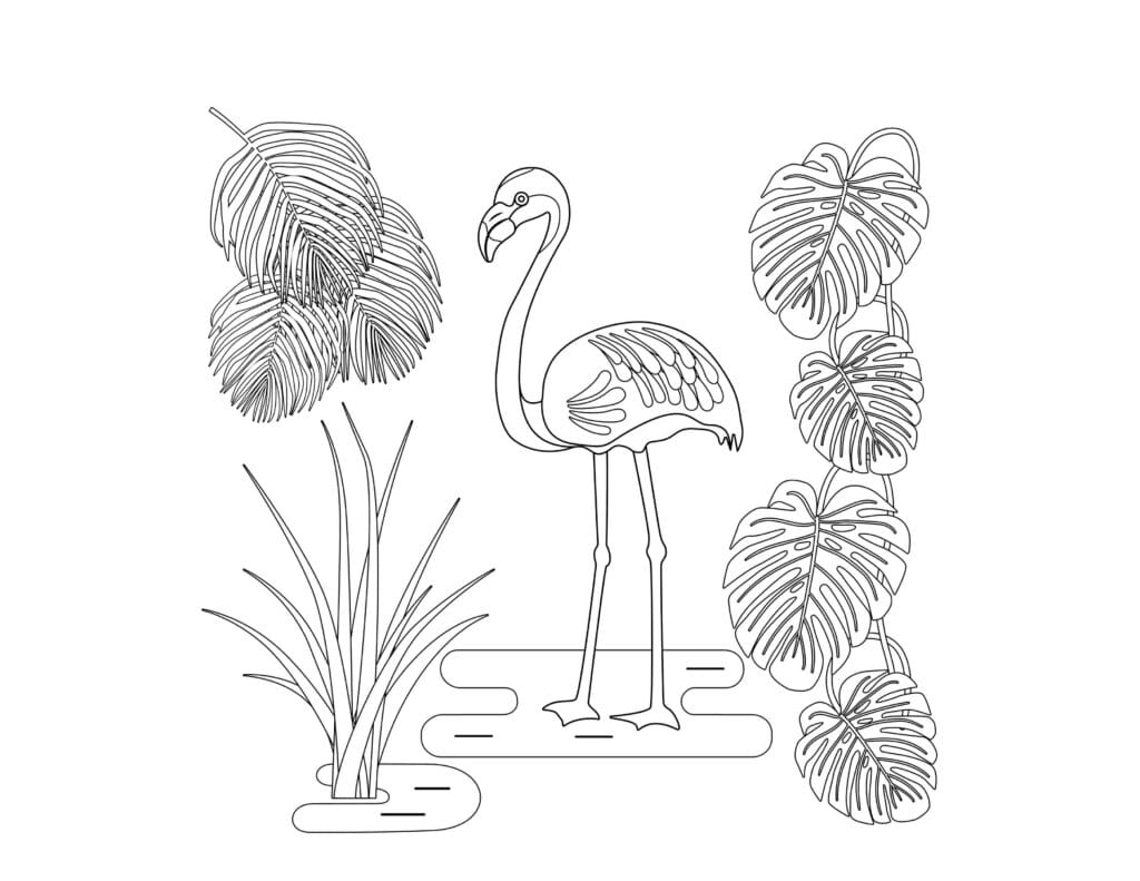 Flamingo Ausmalbild – Flamingo im Dschungel mit Palmen und Blättern, kostenlose Malvorlage zum Drucken und Ausmalen
