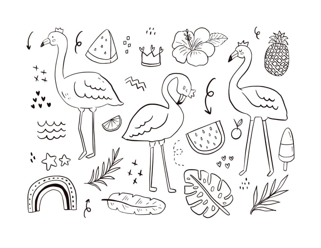 Flamingo Ausmalbilder Drei Flamingos mit Krone, Regenbogen, Früchten (Melone, Ananas, Zitrone) und tropischen Blumen, kostenlose Malvorlage für Kinder zum Ausdrucken