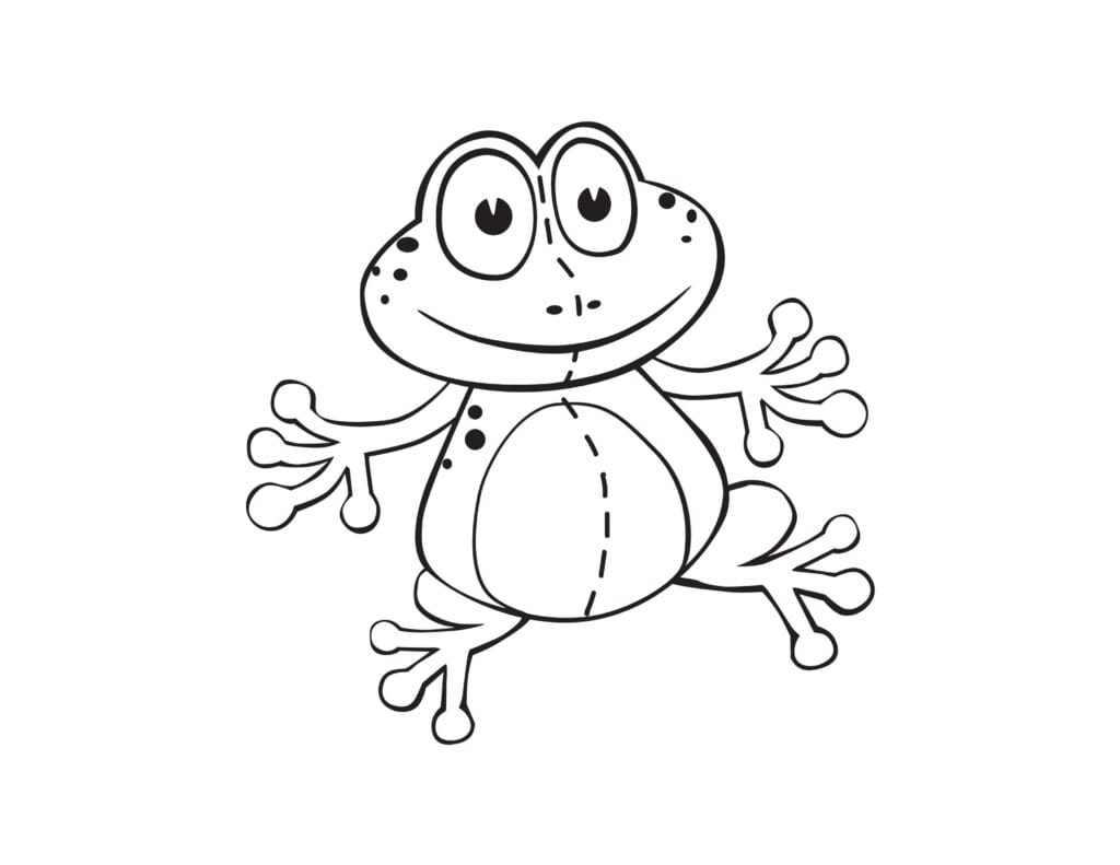 Frosch Ausmalbild Lustiger springender Frosch mit großen Augen, kostenlose Malvorlage für Kinder zum Drucken