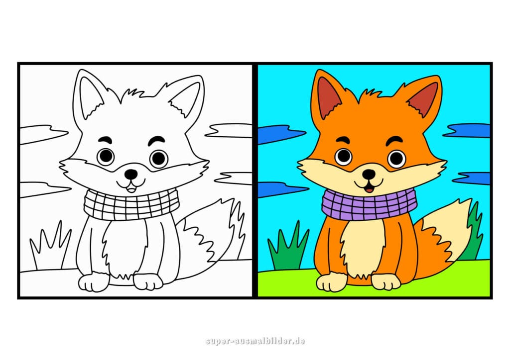 Fuchs Ausmalbild Kleiner Fuchs mit Schal im Herbst, Vorlage in Farbe und zum Ausmalen, kostenlose Bilder für Kinder zum Drucken