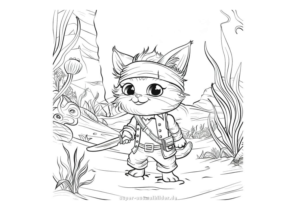 Fuchs Ausmalbild Lustiger Piraten Fuchs mit Kopftuch, Schwert und Tasche, Malvorlage zum Ausmalen für Kinder kostenlos zum Drucken