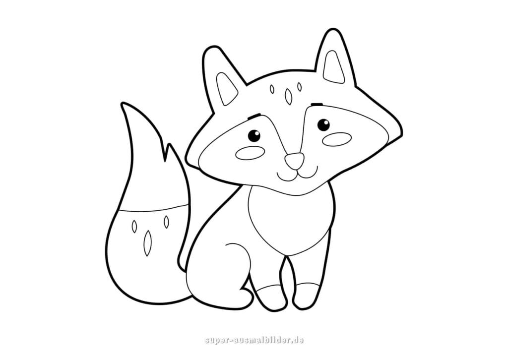 Fuchs Ausmalbild Niedlicher kleiner Fuchs mit buschigem Schwanz, einfache Malvorlage für Kinder kostenlos zum Ausmalen und Drucken