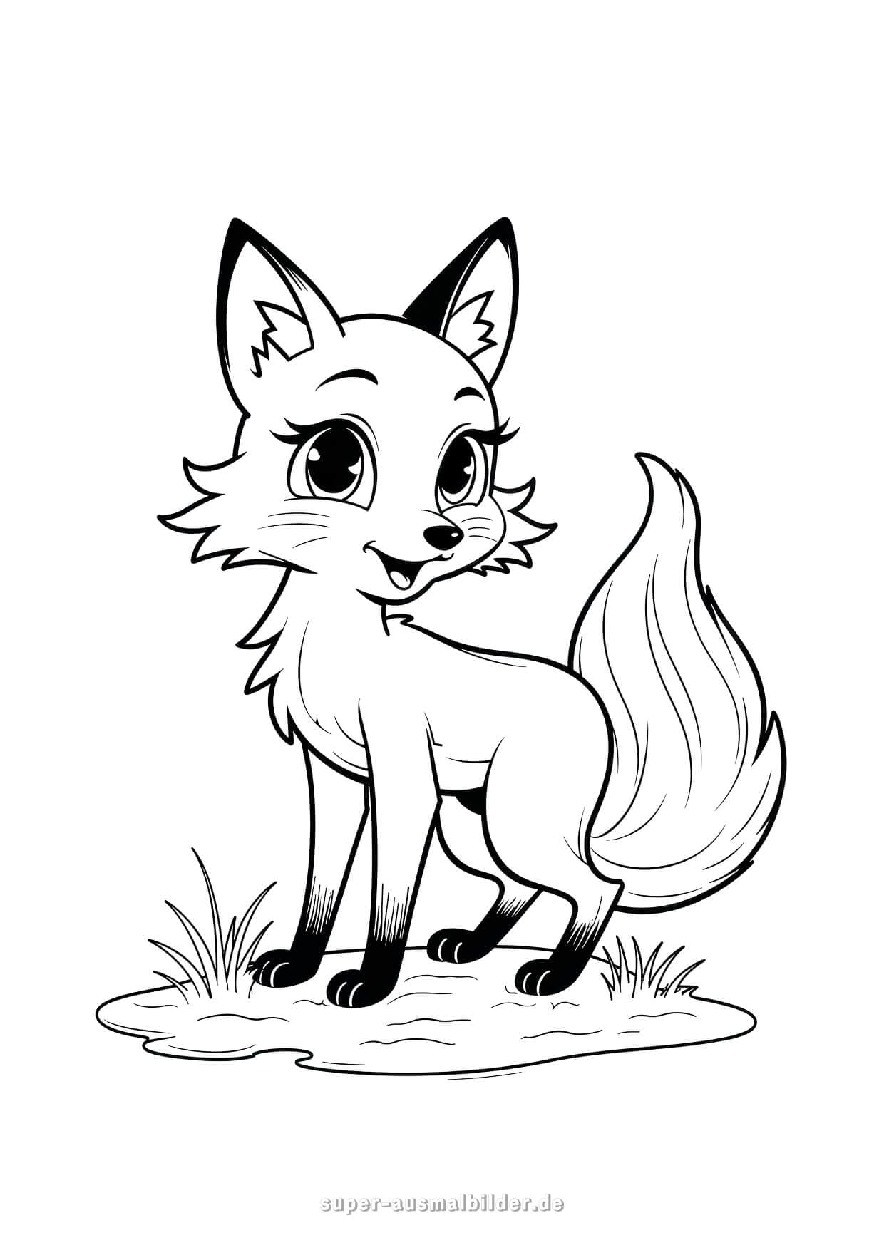 Fuchs Ausmalbild Süßer junger Fuchs mit großen Augen und buschigem Schwanz stehend auf Wiese, kostenlose Malvorlage zum Drucken und Ausmalen für Kinder
