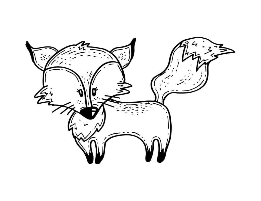 Fuchs Ausmalbild – Handgezeichnete Fuchs Malvorlage mit buschigem Schwanz, kostenlose Bilder zum Ausmalen für Kinder