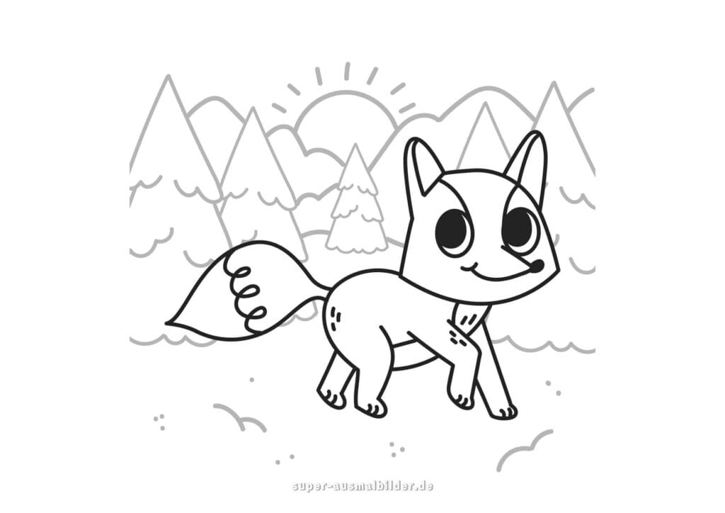 Fuchs Malvorlage Lustiger Fuchs läuft durch den Wald mit Bergen und Sonne im Hintergrund, kostenlose Ausmalbilder für Kinder zum Drucken