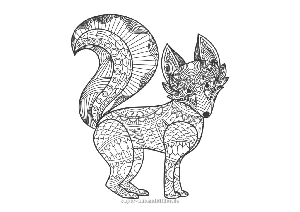 Fuchs Mandala Ausmalbild – Fuchs mit buschigem Schwanz, dekoratives Tier Mandala Fuchs zum Ausmalen Erwachsene kostenlos zum Ausdrucken
