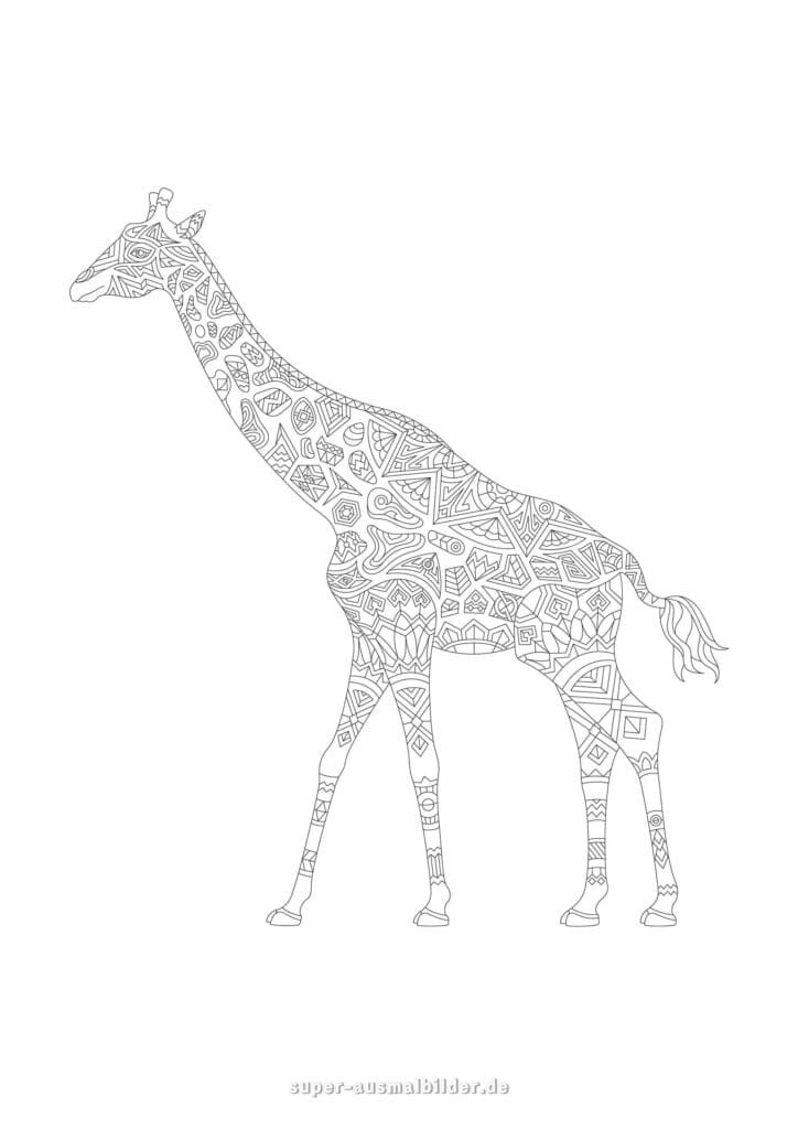 Giraffe Mandala Ausmalbild – Tier Mandala Giraffe mit Ornamenten, Mandala Malvorlage zum Ausmalen Erwachsene, kostenlose Mandala Bilder zum Ausdrucken