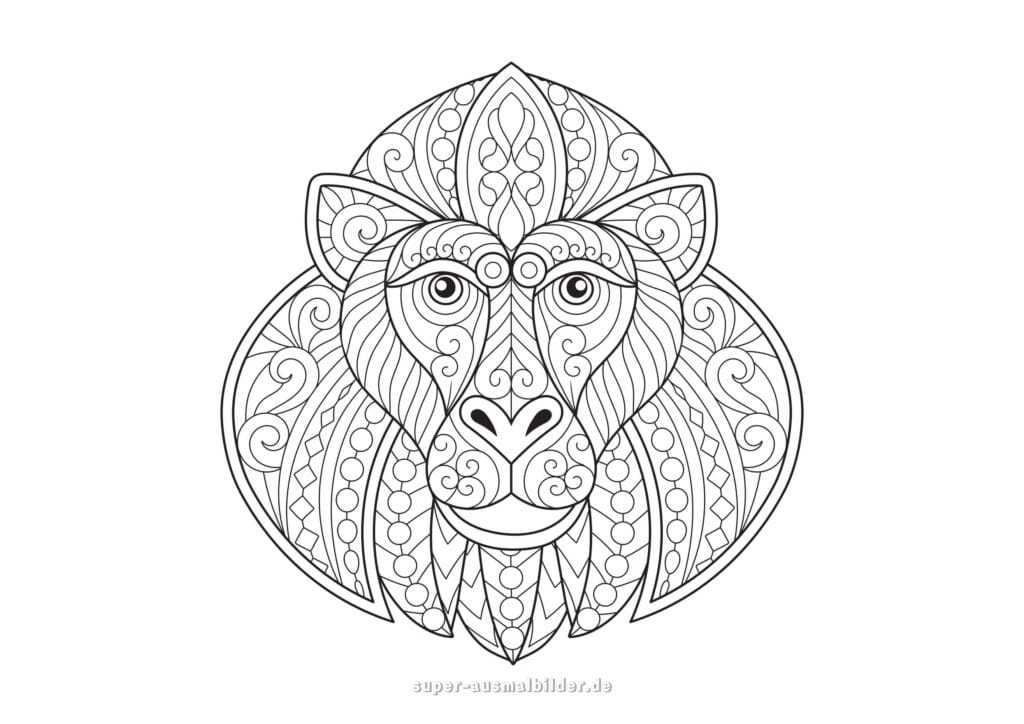 Gorilla Mandala Ausmalbild – Gorillakopf mit symmetrischen Mustern, Tier Mandala zum Ausmalen Erwachsene kostenlos zum Drucken