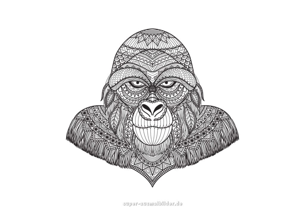 Gorilla Mandala Ausmalbild – Mandala Gesicht Gorilla mit Ornamentmustern, Tier Mandala Ausmalbilder Erwachsene, kostenlose Malvorlagen Mandala Tiere